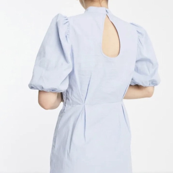 Aware by Vero Mode Blue Mock Neck Puff Sleeve Dress Sz L Keyhole Back Preppy - Picture 2 of 6